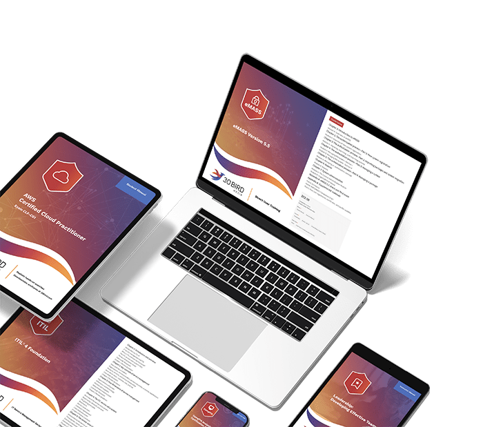 30 Bird Media training materials displayed on tablet and laptop screens for AWS and IT courses