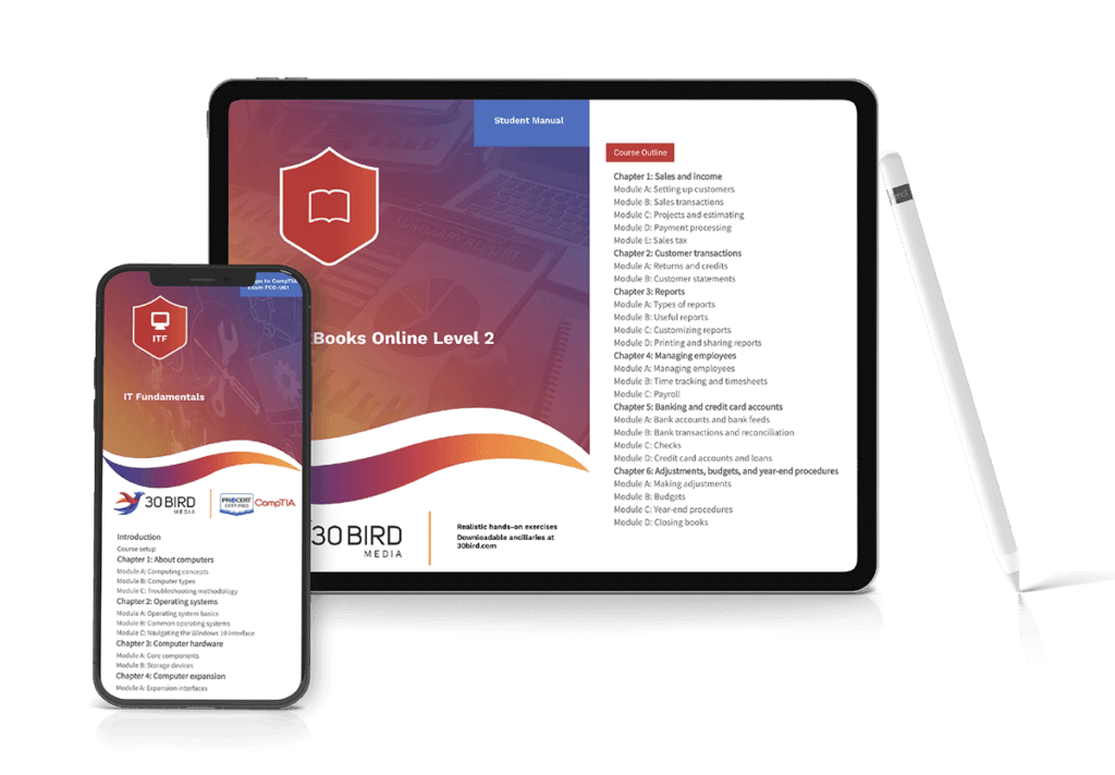 30 Bird Media IT Fundamentals training materials shown on smartphone and tablet screens