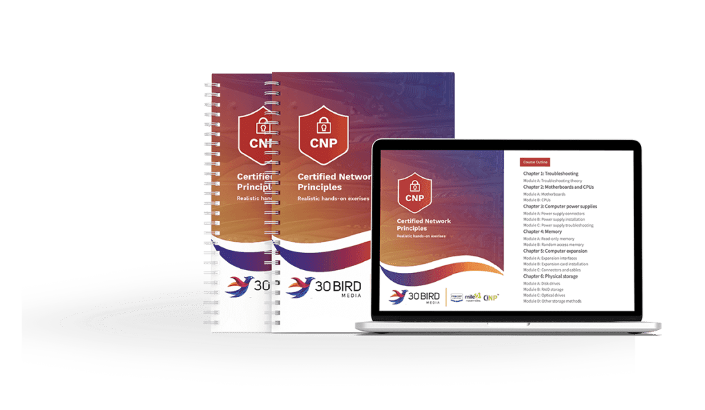 Certified Network Principles course materials from 30 Bird Media, including spiral manuals and laptop outline